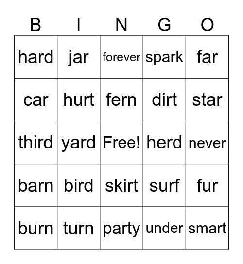R-Controlled Vowels Bingo Card