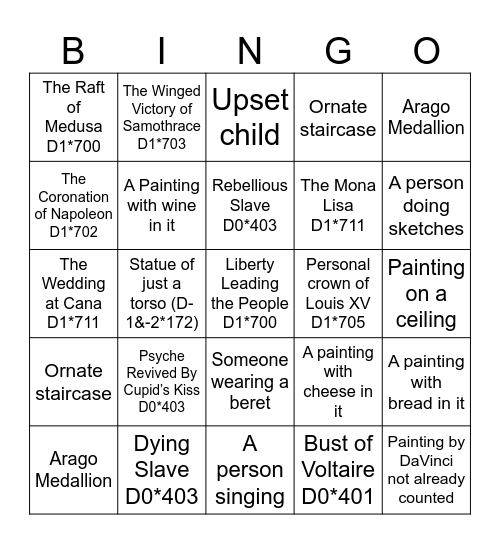 Louvre Bingo: Denon Wing Bingo Card