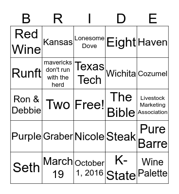 Bride Bingo Card