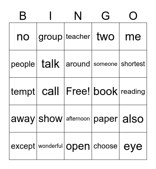 4th Grade Bingo Card