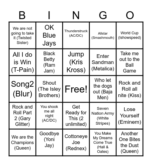 Will's Arena Anthems Bingo Card