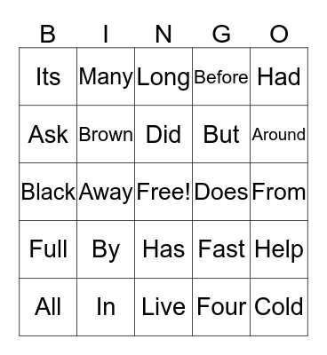 DOLCH BASIC SIGHT WORDS Bingo Card
