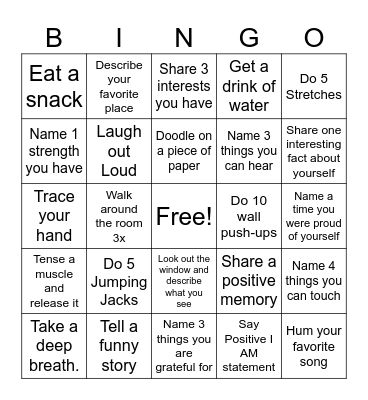 Coping Skills Bingo Card