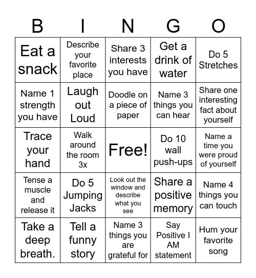 Coping Skills Bingo Card