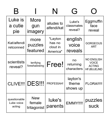 Professor Layton and the New World of Steam Bingo Card