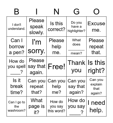 Classroom Language Bingo Card