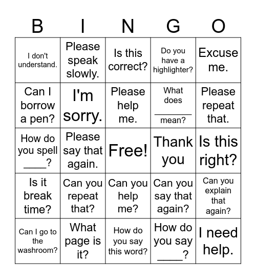 Classroom Language Bingo Card