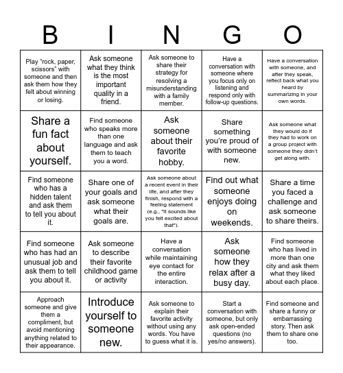 Social Skills Bingo Card