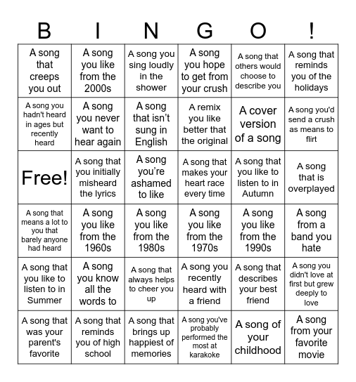 35 Day Song Challenge Bingo Card