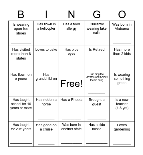 Teacher BINGO Card