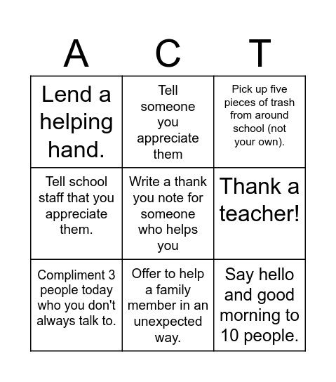 Acts of Kindness Bingo! Bingo Card