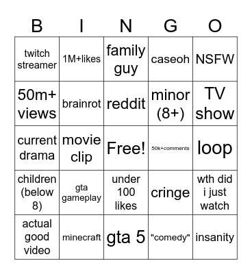 yt shorts Bingo Card