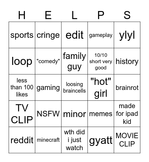 YOUTUBE SHORTS RAHHH Bingo Card