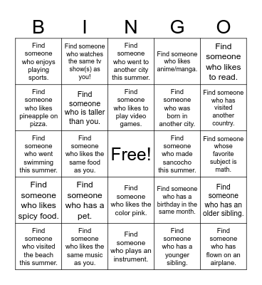 Friendship Bingo Card