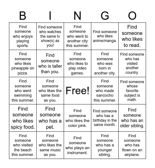 Friendship Bingo Card