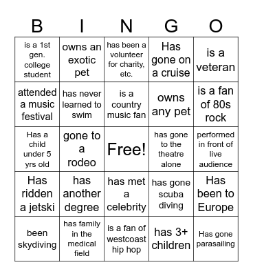 Ice breaker Bingo Card