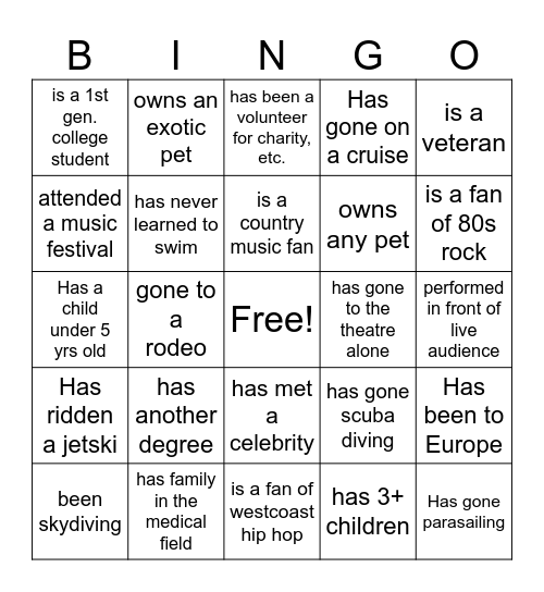 Ice breaker Bingo Card