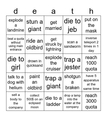 Lethal Company Lockout Bingo Card