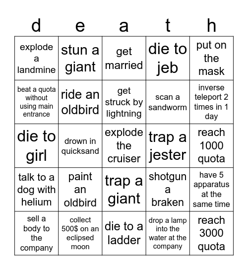 Lethal Company Lockout Bingo Card