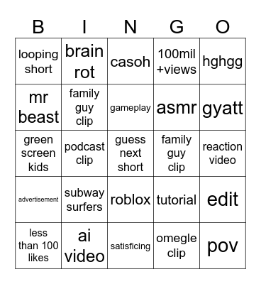 yt shorts bingo Card