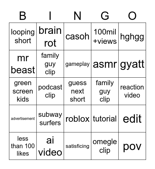 yt shorts bingo Card