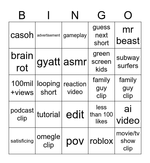 yt shorts bingo Card