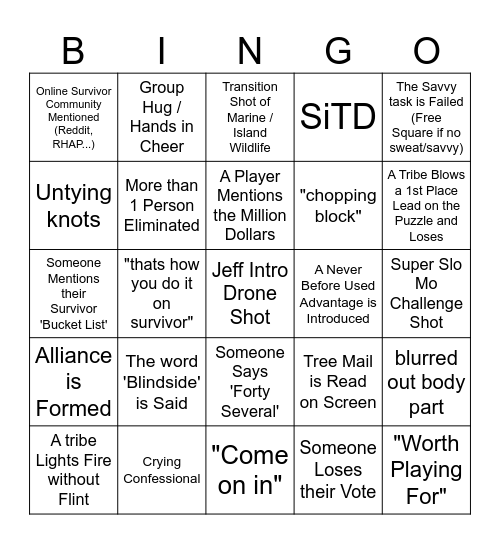 Survivor 47 Episode 1 Bingo Card