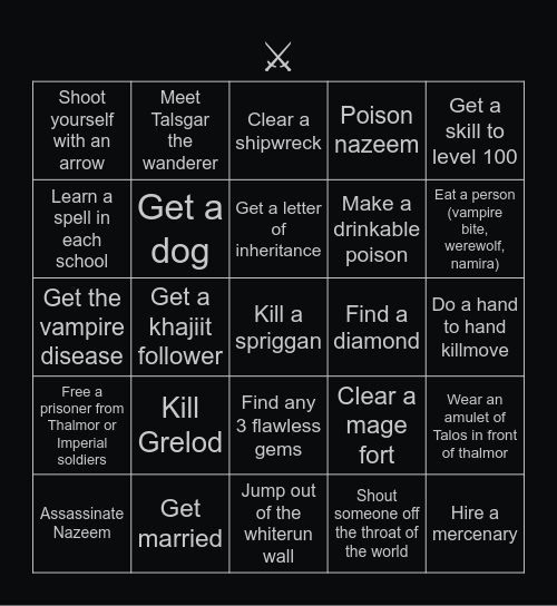 Bingus's Skyrim Bingo Card