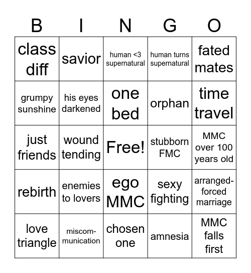 Fantasy Romance Tropes Bingo Card