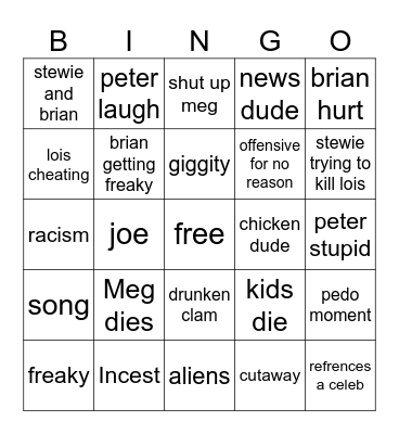 Family Guy Bingo Card