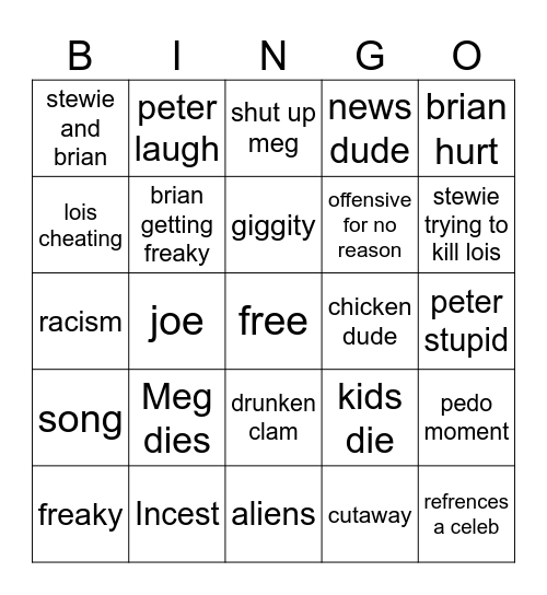 Family Guy Bingo Card