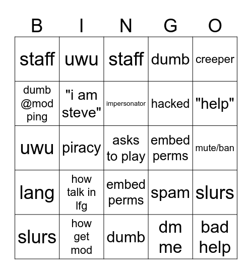 Minecraft Server Bingo Card