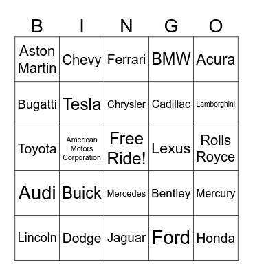 Cars  Bingo Card