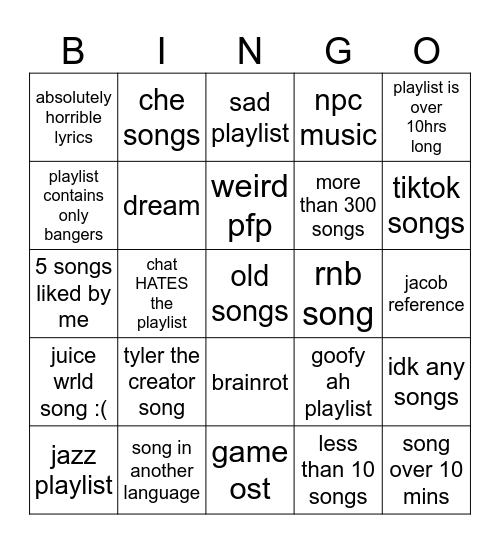 Spotify Playlist Bingo Card