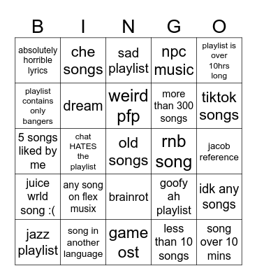 Spotify Playlist Bingo Card