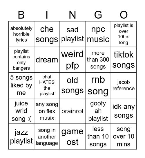 Spotify Playlist Bingo Card