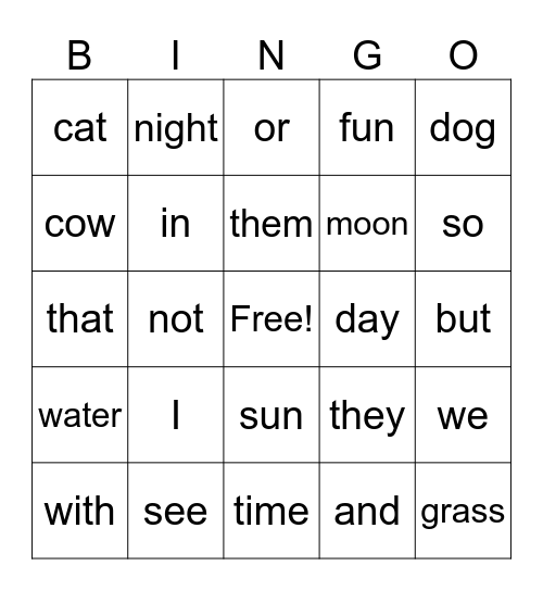 Sight words Bingo Card