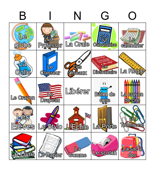 Vocabulaire en Classe Bingo Card