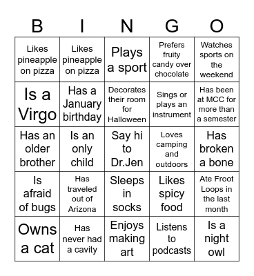 Interpersonal Bingo Card
