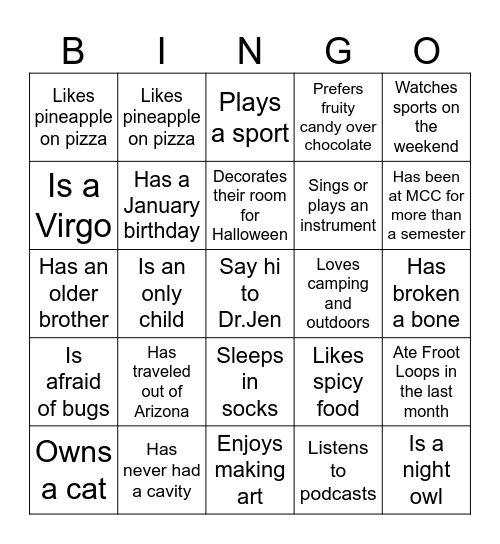 Interpersonal Bingo Card