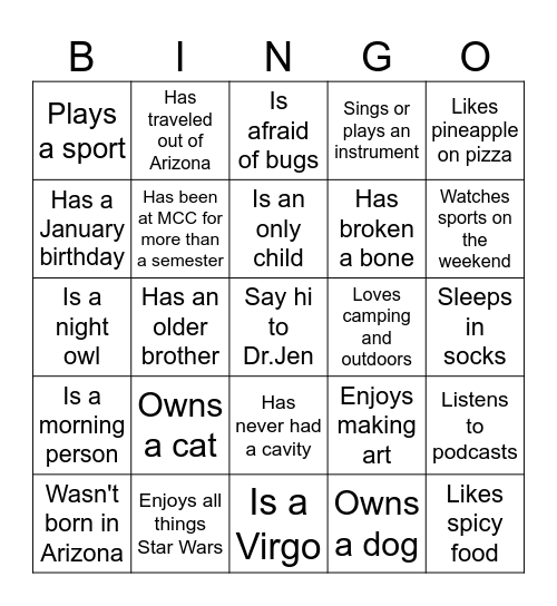 Interpersonal Bingo Card