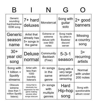 Beatstar Season Bingo Card