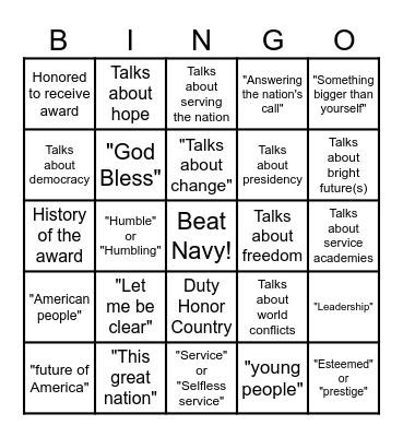 Thayer Award Dinner 2024 Bingo Card
