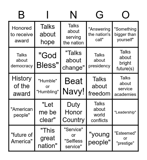 Thayer Award Dinner 2024 Bingo Card