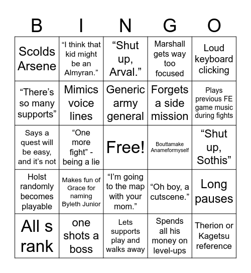 Marshall’s FE 3 Pains Bingo Card