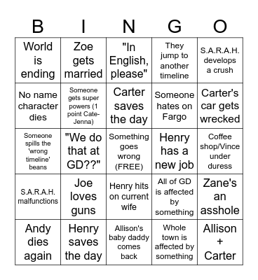 Eureka TV Show Bingo Card