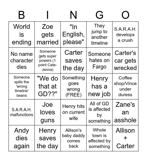 Eureka TV Show Bingo Card