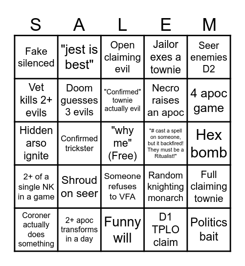 Town of Salem 2 Bingo Card