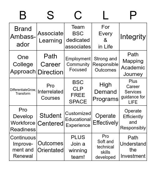 BSC Career LifePrep Bingo Card