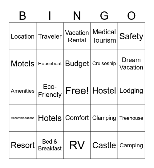 Lodging Bingo Card